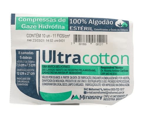 COMPRESSA DE GAZE ULTRACOTTON 11 FIOS 7,5X7,5 CM C/10UN