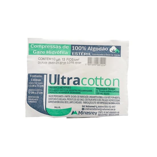 COMPRESSA DE GAZE ULTRACOTTON 13 FIOS 7,5X7,5 CM C/10UN